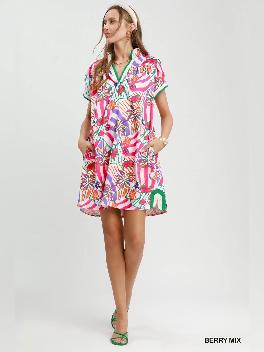 Umgee Tropical Print Collared Shift Dress Berry Mix Pocketed Lined S-L🛍️